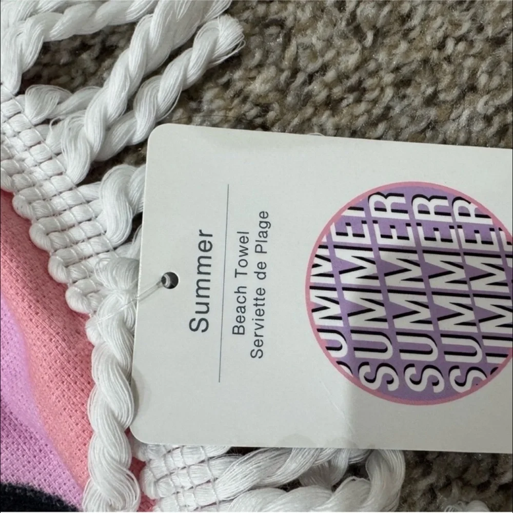 Round 'SUMMER' Beach Towel - Pink & White Fringe